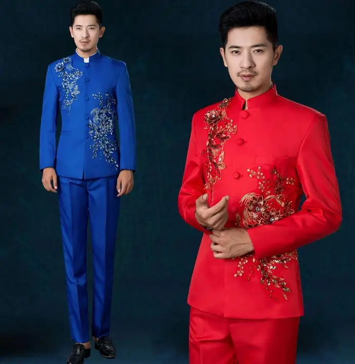 White Black Red Stand Collar Costume Slim Men Chinese Tunic Suit White Black Red Stand Collar Costume Slim Men Chinese Tunic Suit Set Flowers With Pants Mens Suits Wedding Groom Formal Dress In From S Clothing
