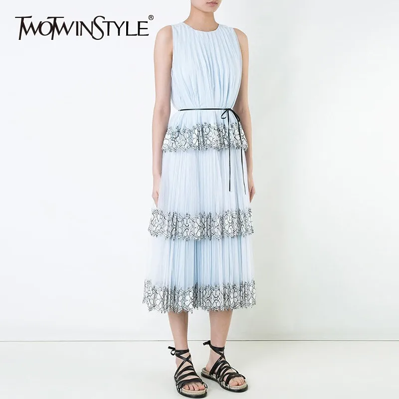 

TWOTWINSTYLE Elegant Lace Patchwork Women Suit Sleeveless O Neck Tops High Waist Slim Midi Skirt Two Piece Set Female Fashion