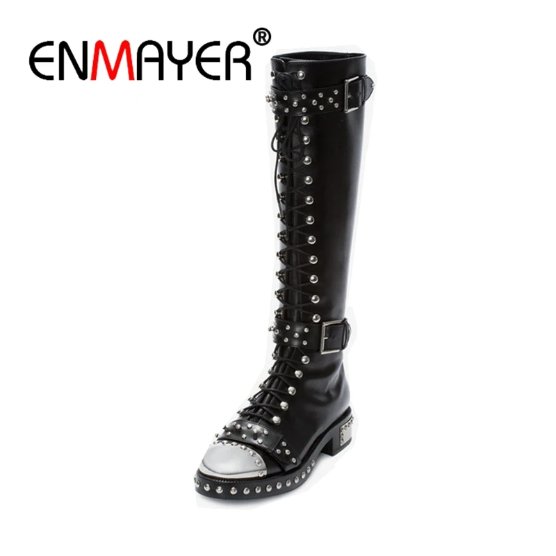 

ENMAYER Brand design Genuine leather Big size 34-43 Rivets Punk Martin boots printing buckles women shoes Knee high boots CR350