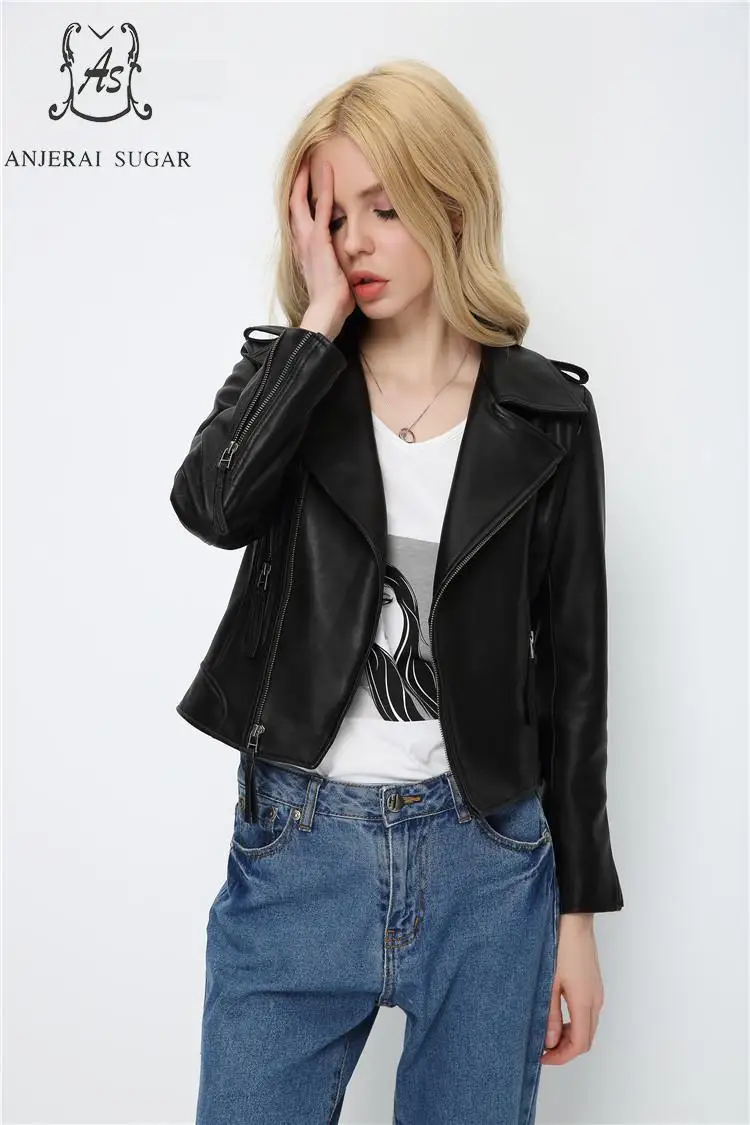 Court Bureau Casual Mouton Automne Véritable Moto Sexy Mince Cuir 2017 Femelle Veste Noir Peau De Ol Femmes En SqTwpzw4O