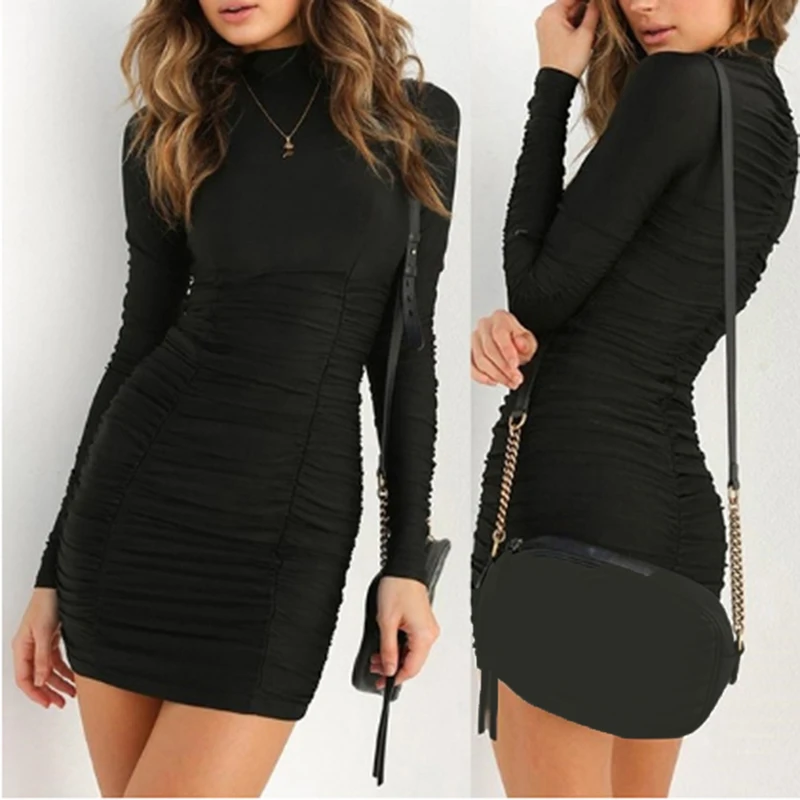 

Spring High Neck Long Sleeve Party Club Mini Dress For Women Autumn Women Dresses Bodycon Female Vestido