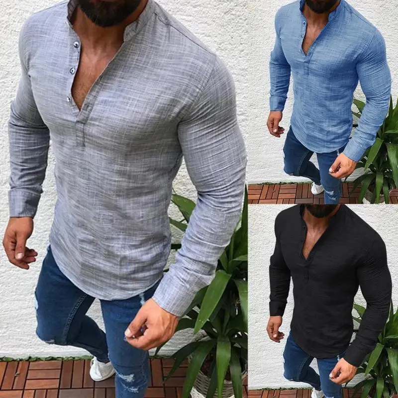 

black blue grey Men Polyester Solid color Long Sleeve Shirts Pullover Tops Lapel Stand Collar L-3XL for autumn spring fashion