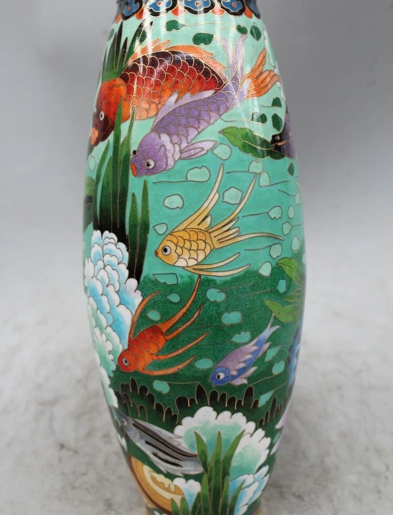 

12" Marked Chinese Dynasty Cloisonne Bronze cyprinoid flower Flower Bottle Vase