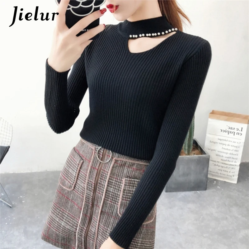 

Jielur Thick Turtleneck Sexy OL Knitted Sweaters S-XL Autumn Fashion Hollow-out Sweater Women 2019 Chic Beading Pullovers female
