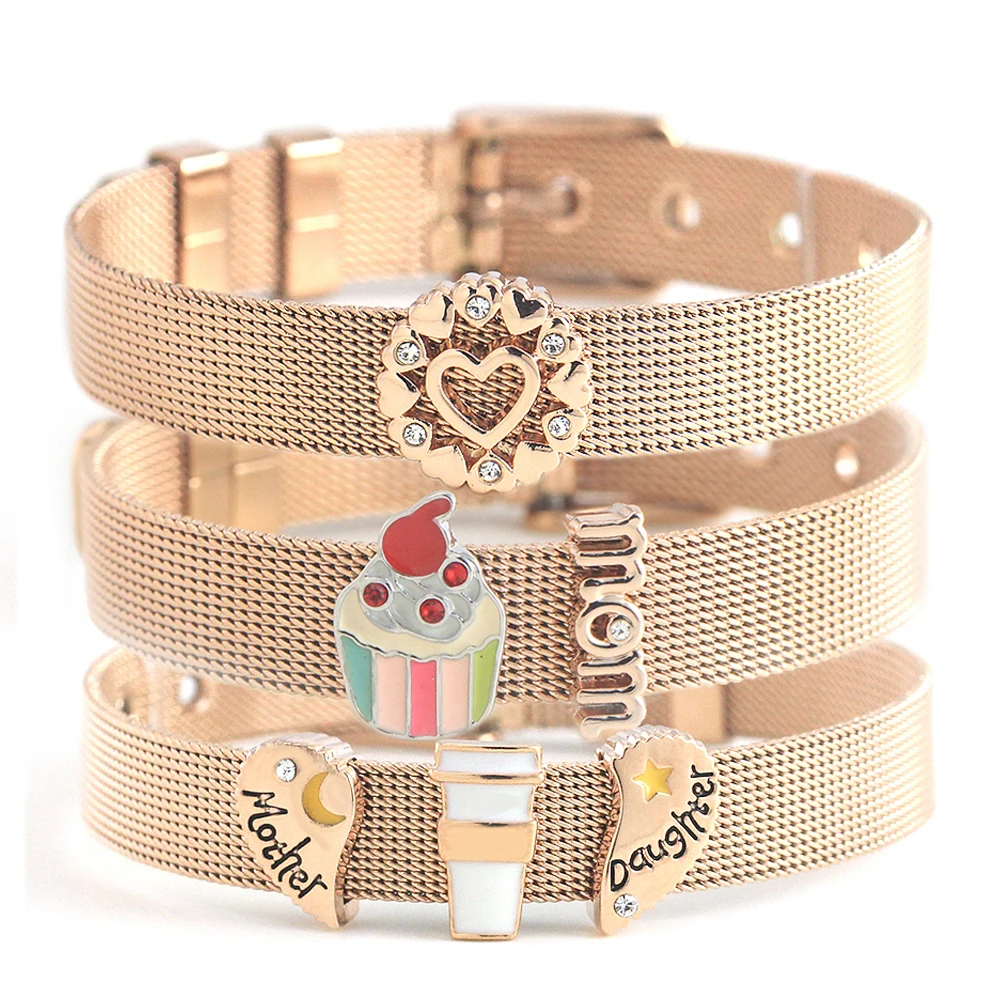 

Legenstar rose gold Stainless Steel Mesh Warp Bracelets Blessed Love Heart Mom Slide Charms Keeper Bracelets Mothers Day Gifts