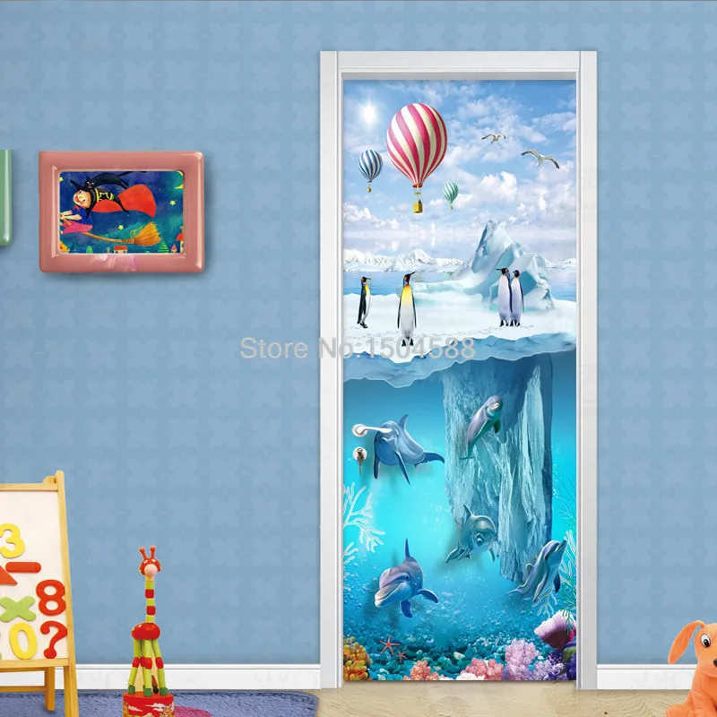 Door Sticker 3D Cartoon Iceberg Penguin Dolphins Wallpaper Kids Bedroom PVC Waterproof Door Decals Vinyl Mural Home Decor Paste