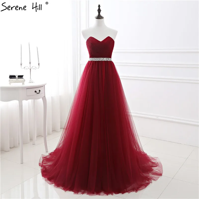 

Wine Red Strapless A-Line Tulle Evening Dresses 2019 Real Photo Sleeveless Crystal Beading Evening Gown Robe De Soiree 16422