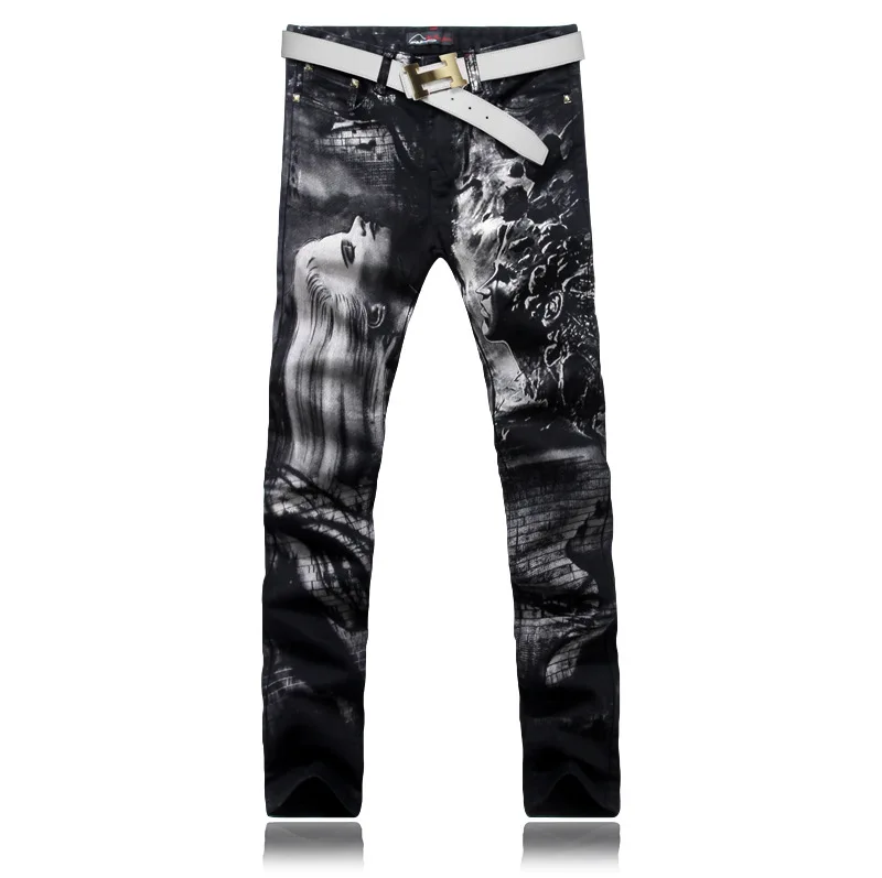 

[Alpaca] Men Brand Street Wear Printed Stretch Slim Jeans Painting Printed Black Jeans Men Plus Size 38