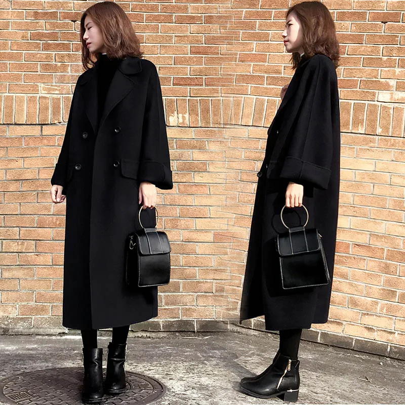 

Vintage long double breasted Winter Coat Women jacket loose black XS-3XL 2019 new arrivals