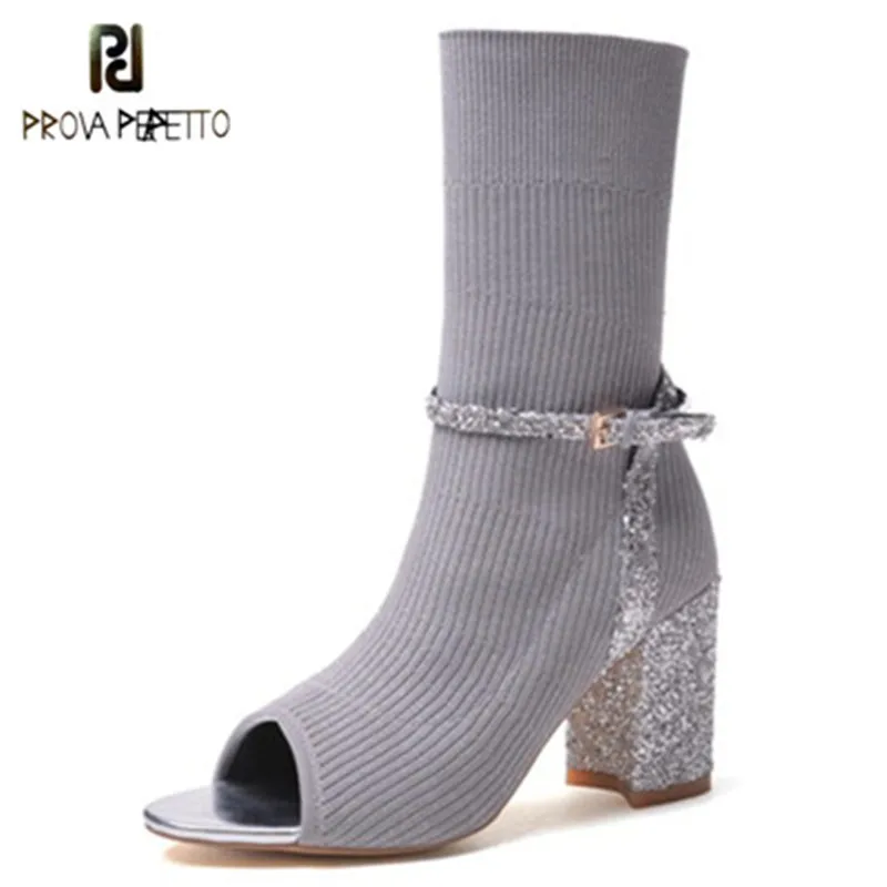 

Prova Perfetto New Women Boots Elastic Knit Sock Boots Silver Paillette High Heels Ankle Boots For Women Peep Toe Bootee Mujer