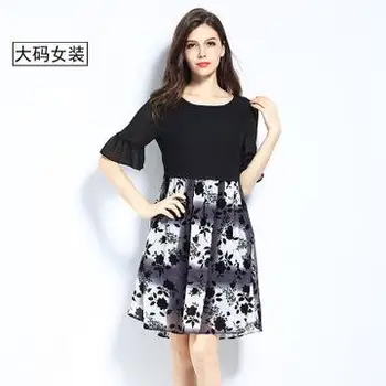 

100 kg big yards women chiffon floral dress Ms. elbow sleeve lotus leaf sleeve flocking three-dimensional broken flower dresses