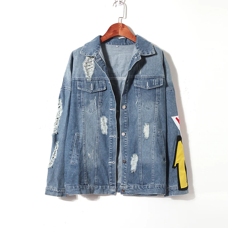 Angel Baby Embroidery Patch Denim Jackets Coats Autumn Hole Pocket Jean Jacket Female Casual Denim Jacket For Woman