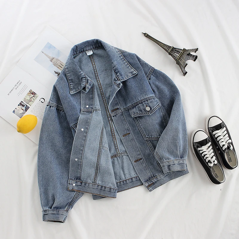 Harajuku Batwing sleeve Denim Jacket Women Big size Loose Korean Bomber Jeans Basic Coat Outerwear Ladies Jean | Женская одежда