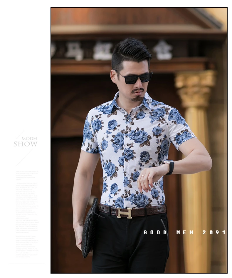M-7XL повседневные мужские рубашки slim fit рубашки для мужчин мужские рубашки в цветах эластичные мерсеризованный хлопок с коротким рукавом ropa