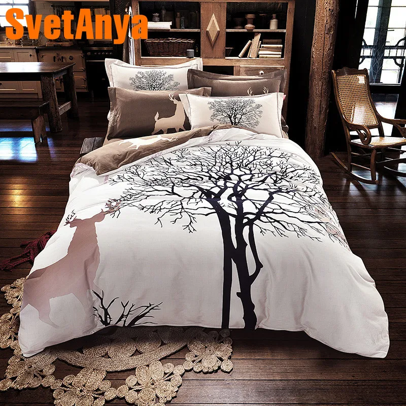 

Garden style trees deers 4pcs bedlinens high quality thick sanding cotton Queen/King Size duvet cover+flat sheet+pillowcases