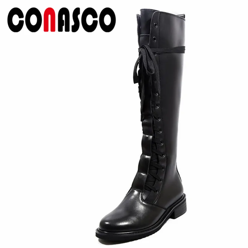 

CONASCO Fashion New Women Knee High Boots Thick High Heels Genuine Leather Long Snow Boots Ladies Lace Up High Motorcycle Boots