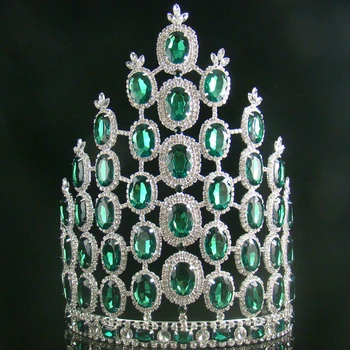 

zerongE jewelry10inch Luxurious tall Pageant crown large green miss world diadem carnival costume hair jewelry crown