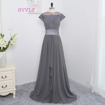 

A-line High Collar Cap Sleeves Gray Chiffon Long Bridesmaid Dresses Cheap Under 50 Wedding Party Dresses