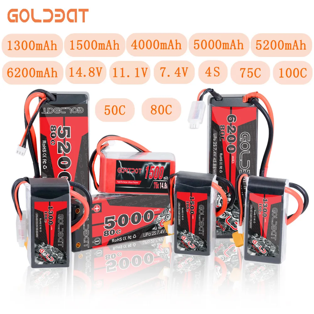 GOLDBAT lipo аккумулятор 1300mah 1500mah 4000mah 5000mah 5200mah 6200mah 7,4 v 11,1 v 14,8 v 50C-100C для pfv RC автомобиля вертолета Traxxas