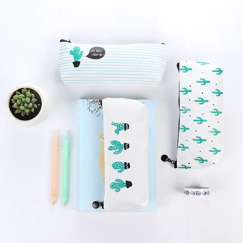 Large Capacity Pen font b Bag b font Creative Kawaii Cactus Canvas Pencil Case Pencil font