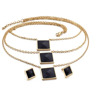 

Fashion Women Color Gold Stainless Steel Geometric Square Blue Black White Red Zircon Glass Joker Necklace Earrings Jewelry Set