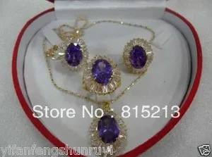

ddh0911 Charming golden yellow mosaic Amethyst necklace pendant set + box