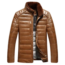 Для мужчин с искусственной Кожаная куртка Для мужчин-стойка Натуральная мех кролика воротник короткий дизайн кожа тонкая пуховики Куртки