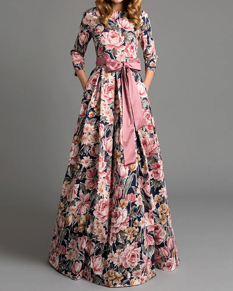 

Bohemian printing long dress O-neck three quarter sleeve big hem women spring summer dress elegant casual vestidos de