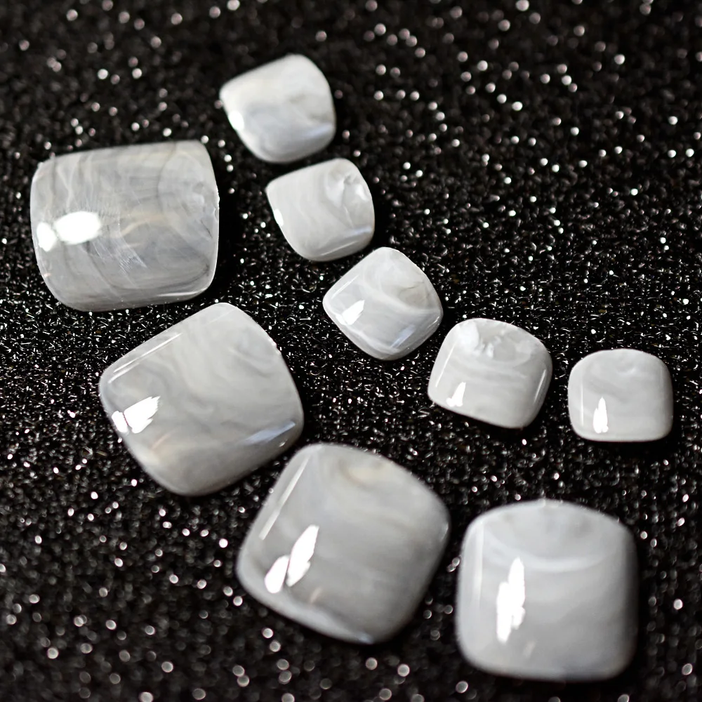 

24pcs Grandma Gray Marble Toenails False Fake Artificial Pre Designed Acrylic UV Toe Nails Tips For Foot Makeup Summer Decor