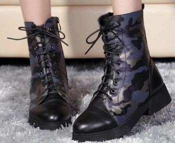 

New Female Camouflage Short Boots Leather Platform Martin Boots Female Lace-up Shoes Military Boots Single Boots