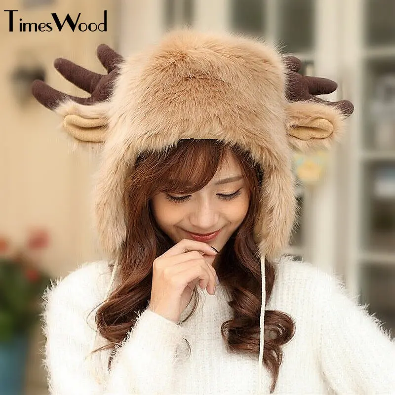 

[TIMESWOOD] Earmuffs Winter Fur Bomber Hats Real Rex Rabbit Horns Antlers Ear Hat Cute Genuine Ladies Russian Earflap Women Caps