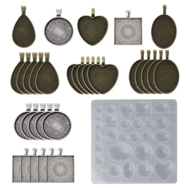 

1 Set Silicone Mold + Pendant Frame Holder Jewelry Making DIY Supplies Necklace Stone Creative Molds Heart Shaped Oval Base