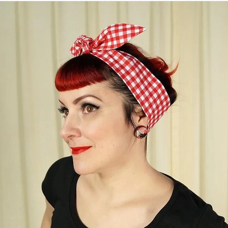 1950s women vintage rockabilly pinup red gingham print headband ...