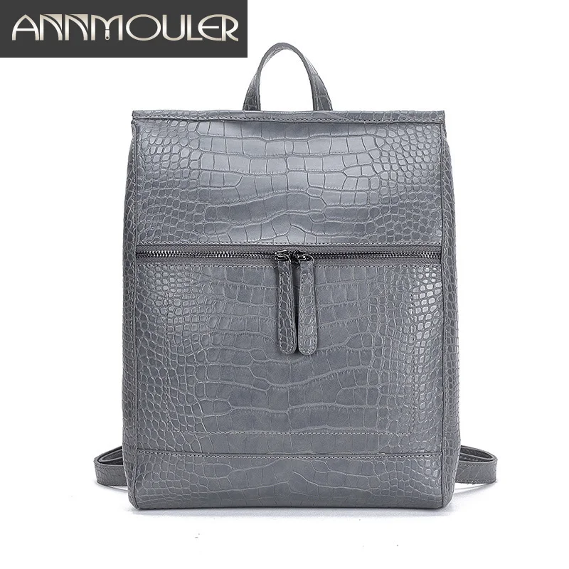 

Annmouler Women Leather Backpacks Pu Leather Backpacks Alligator Elegant Shoulder Bag for Ladies Solid Black School Bag for Girl