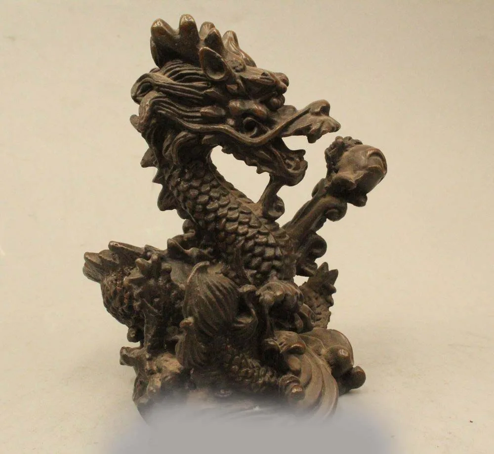 

5" China Folk Fengshui Bronze Wealth Zodiac Year Dragon Hand Bead Success Statue