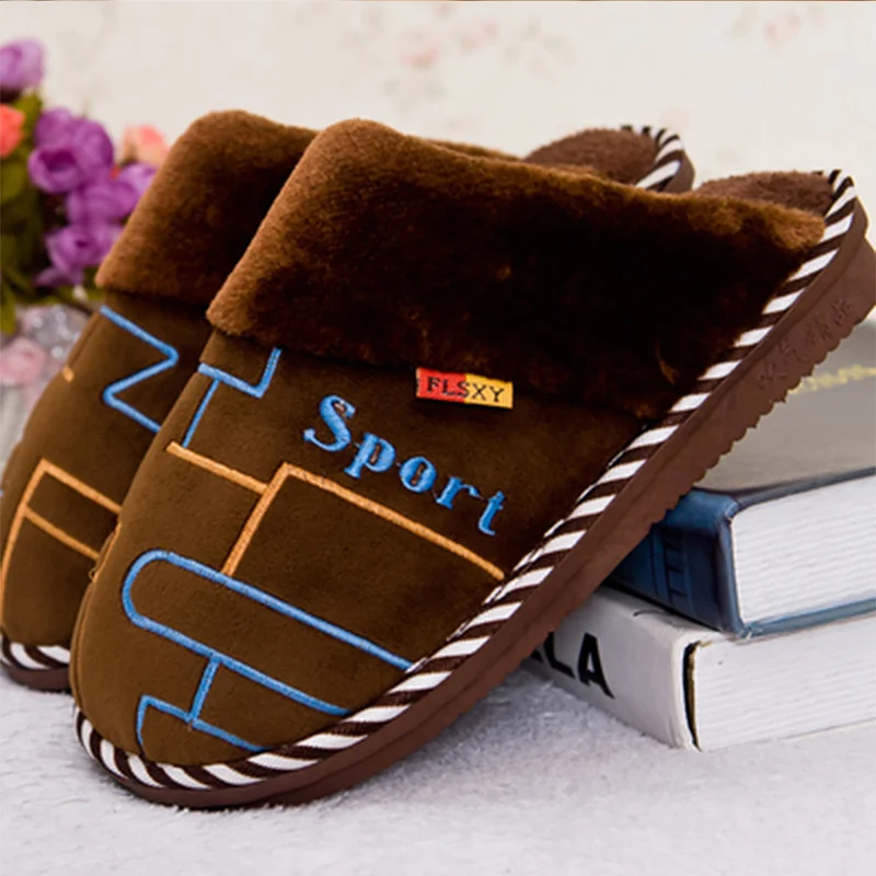 

Slippers men winter plush cheaper soft house slippers man gingham warm non-slip superstar big size 7-11.5 male shoes