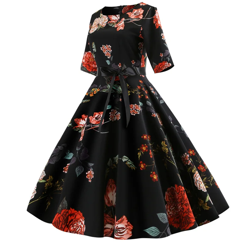 Kostlich Casual O-Neck Half Sleeve Floral Print Dresses Summer Hepburn Vintage Dress With Sashes Women Big Swing Dress Plus Size (3)