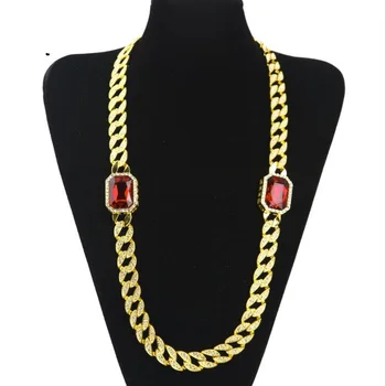 

2017 hip hop bling Wide Figaro Link Chain Gold Filled with big red stone mens cool gold color mens necklace