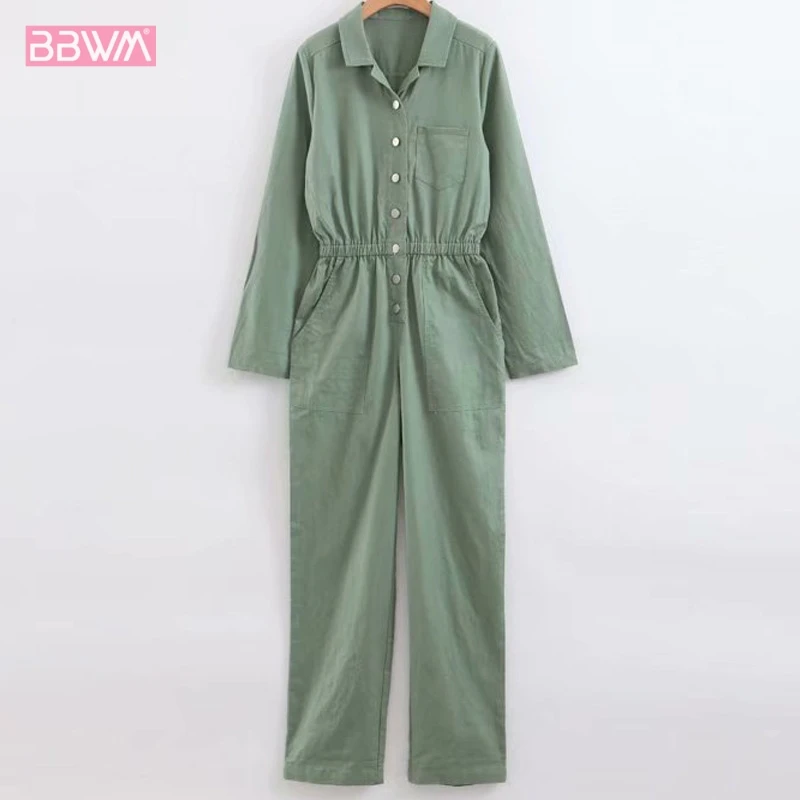 

Summer green waist tooling jumpsuit female 2019 summer new style is thin Korean version of the waist wide leg Lapel long sleeve