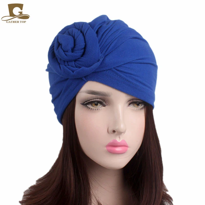 Women Turban Cotton Top Knot Flower Decor Headwrap Muslim Ladies Hair Cover Beanie Head Wear Solid Color India Hat Accessories