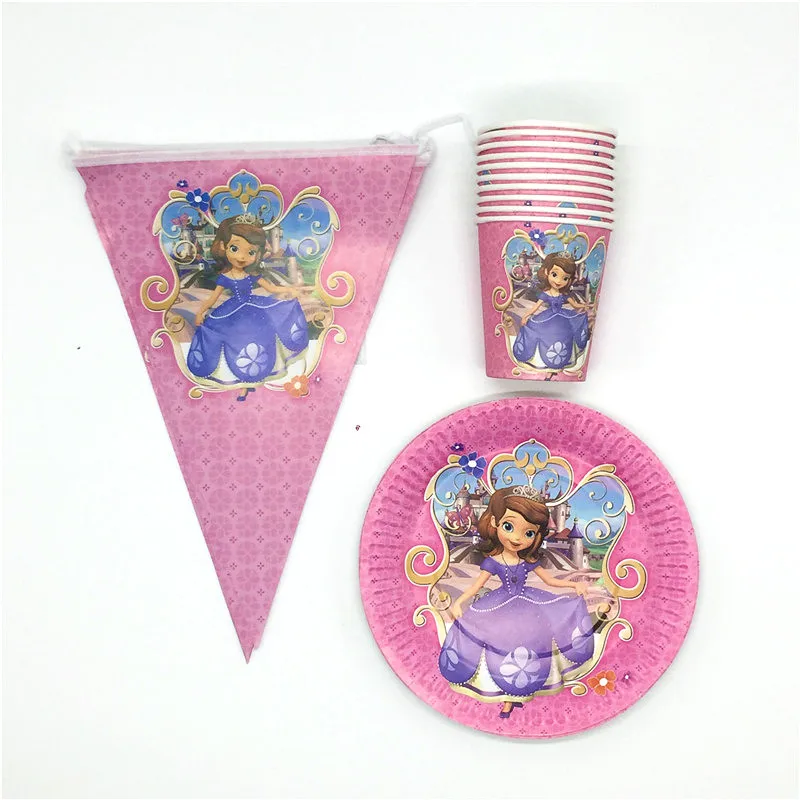 

60Pcs/Lot Hot Sales Sofia Theme Design Children Birthday Party Decorations Cups Plates Flags Event & Party Supplies For 20People