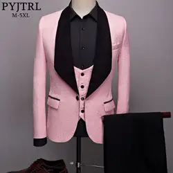 PYJTRL Мужская мода большой платок с лацканами Комплект из 3-х предметов Розовый и красный цвет сине-белые черные свадебные Жених костюмы