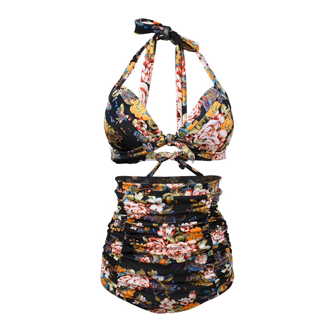 

UXCELL Women Retro Ruched Hight Waist Bikini Shirred Floral Halter Bathing Suit Black Us 12-14