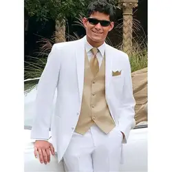 Белый Свадебные костюмы для мужчин Золотой жилет куртка + брюки галстук жилет мужские смокинги для женихов Свадебные смокинги Костюм
