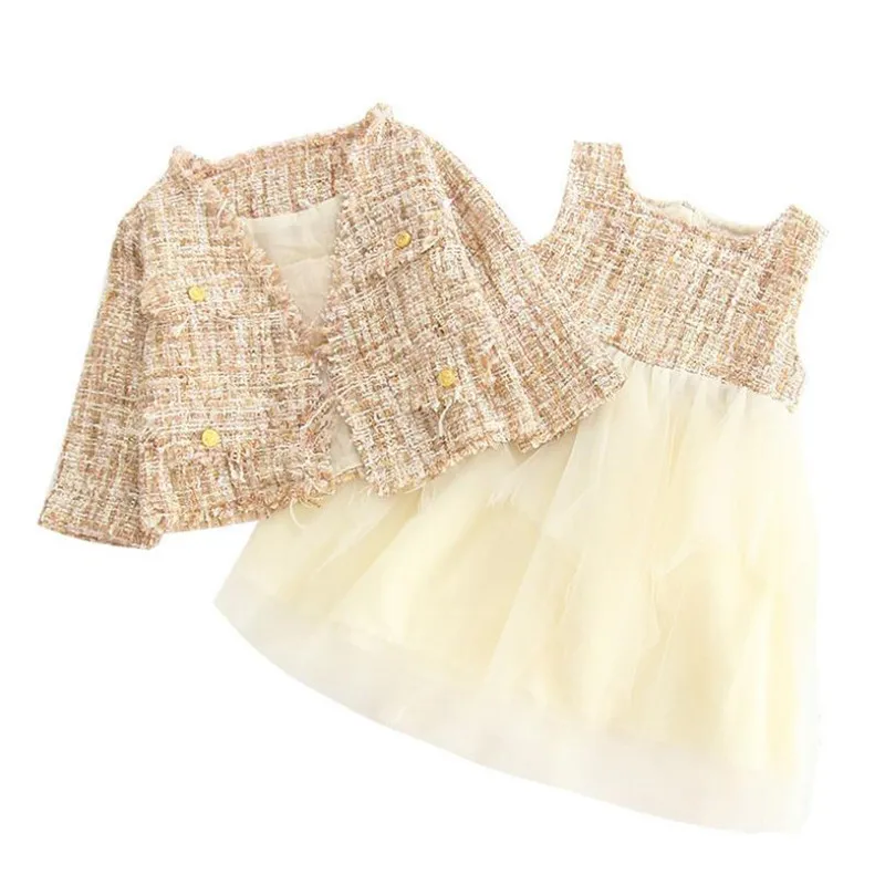 

DFXD Baby Girls Clothing Set High Quality Fashion Korean Girls V-neck Cardigan Coat+Sleeveless Mesh Vest Dress 2pc Princess Set