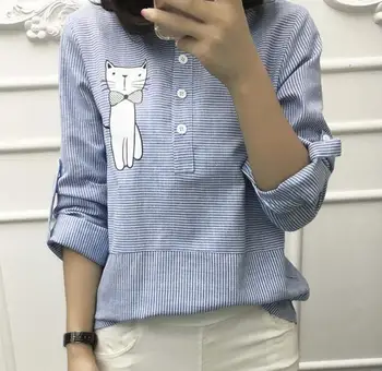 

Spring New Women Long Sleeve Sweet Cartoon Cat Embroidery Casual Shirts Tops Blouses Cotton Linen Striped Tops Blusas