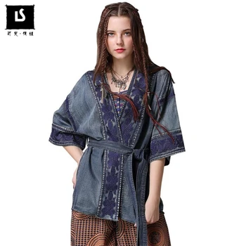 

Womens Tops Vintage Heavy Embroidery Three-quarter Sleeve Denim Shirt Japanese loose sexy V-neck Blouse Femme Blusas Femininas