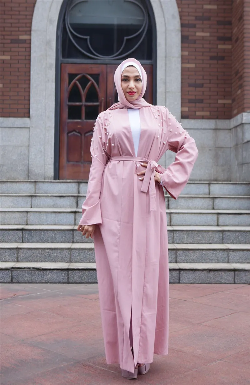 Мусульманское платье с бисером Абая кардиган с жемчугом Туника длинные халаты кимоно Юба Рамадан арабский турецкий Тобе Исламская, молитвенная одежда - Цвет: Розовый