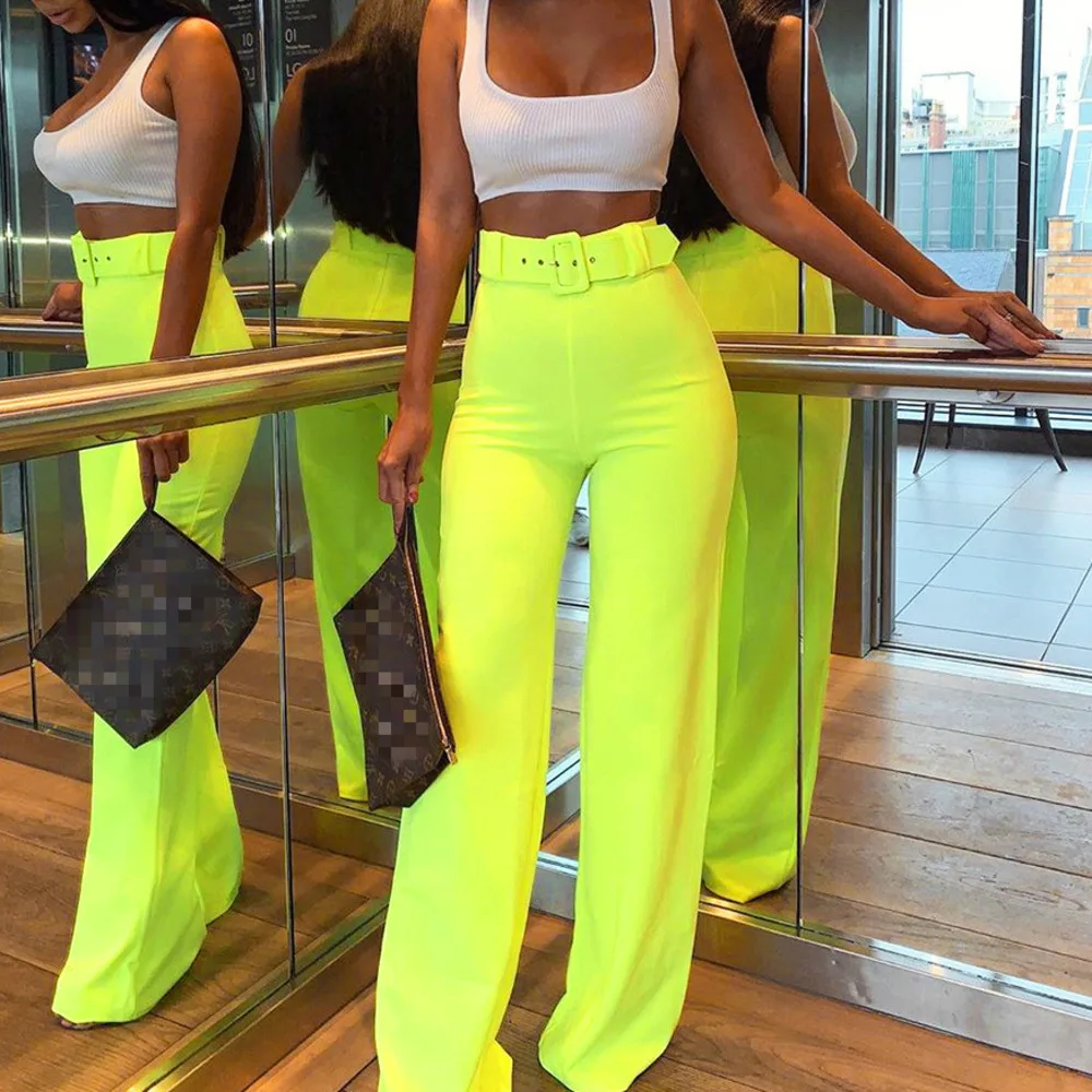 

Women Loose Pants With Belt High Waist Neon Green Trousers Party High Street Fashion 2019 Female Wide Leg Pants Femme Plus Size
