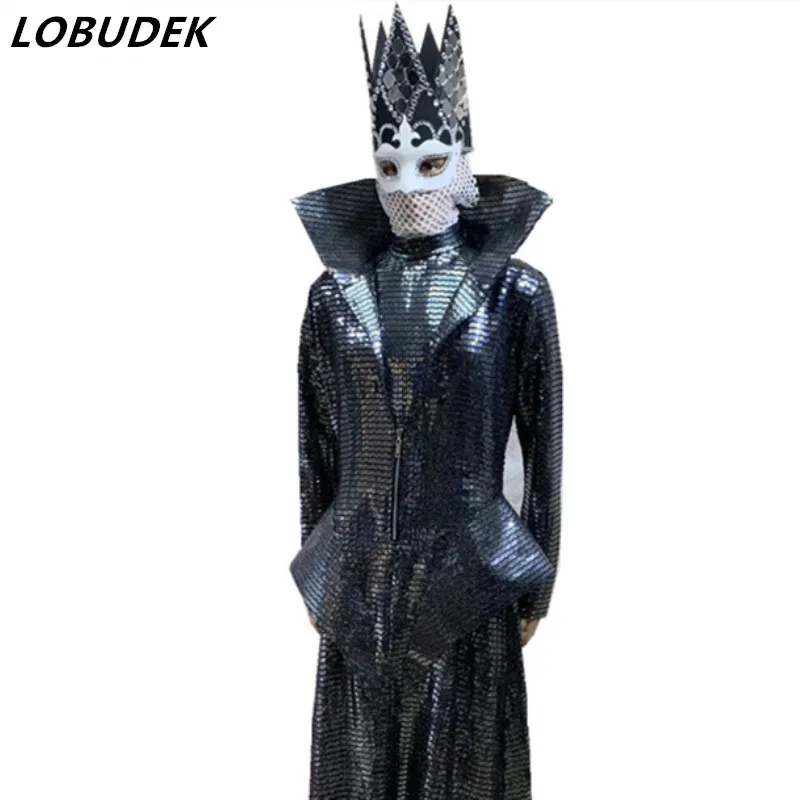 

Dazzling Sequins Lens Mirror Man Long coat jacket windbreaker cape bodysuit male Costume Nightclub Singer Host Stage Outerwear
